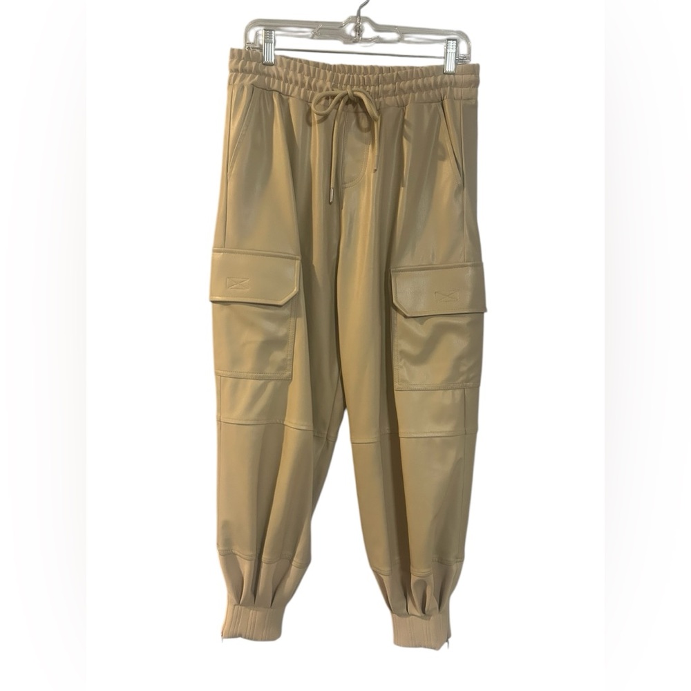 Nocturne Faux Leather Joggers Lined Cream Tan Zip Ankle Pockets NWOT Size 38/M
